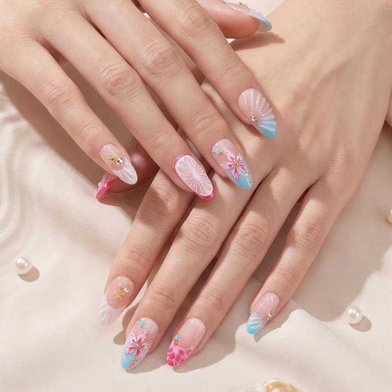 Artistic Floral Press-On Nail Set with 3D Accents Stornfield