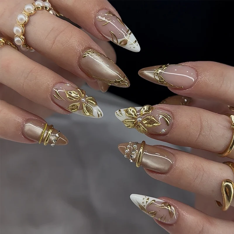 Artistic Floral-Embellished Stiletto Press-On Nails Stornfield