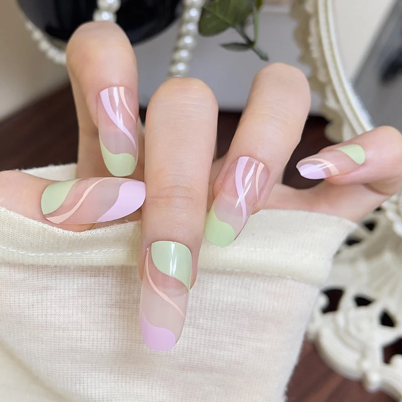 Artistic Press-On Nail Set with Wavy Design Stornfield