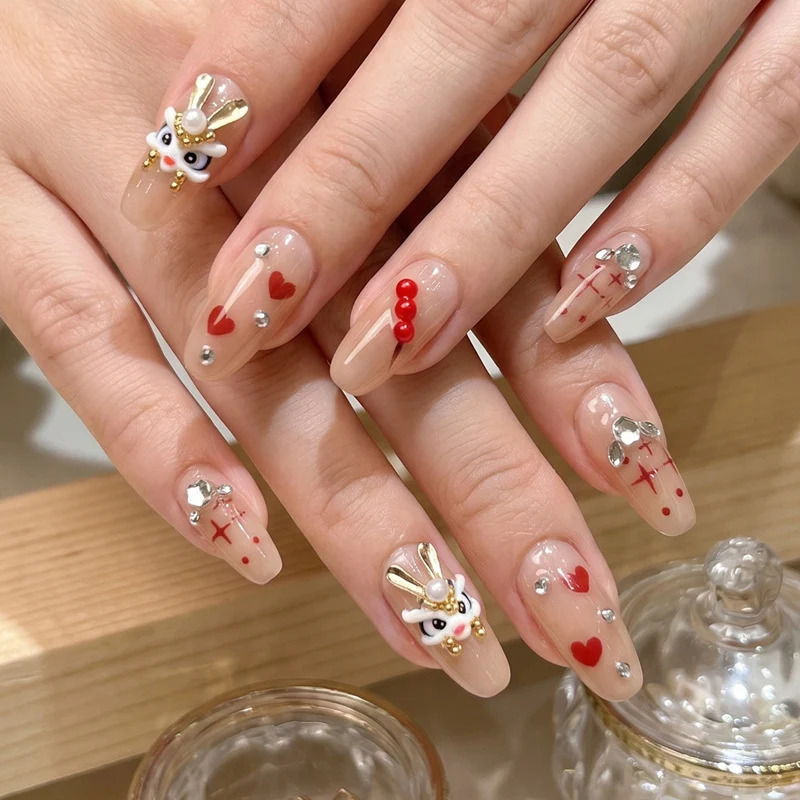 Artistic Press-On Nail Set with Themed Rabbit and Heart Designs Stornfield