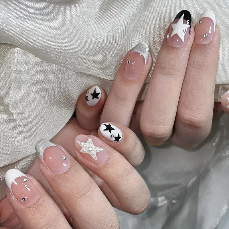 Artistic Press-On Nail Set with Star and Pearl Accents Stornfield