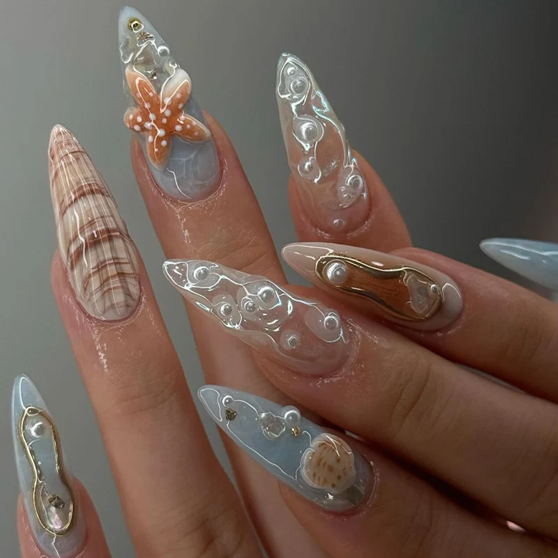 Artistic Press-On Nail Set with Shell and Floral Accents Stornfield