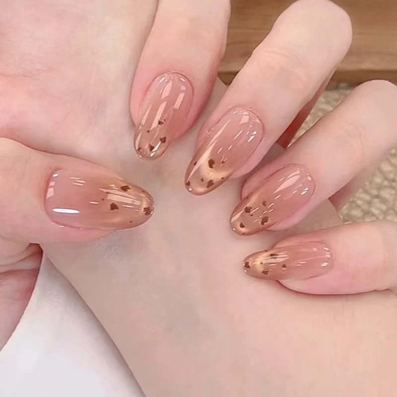 Artistic Press-On Nail Set with Heart and Gold Flake Design Stornfield