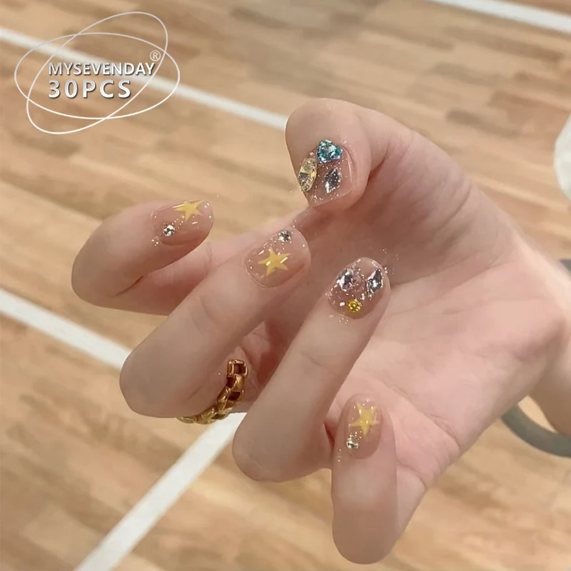 Artistic Press-On Nail Set with Gemstone and Star Accents Stornfield