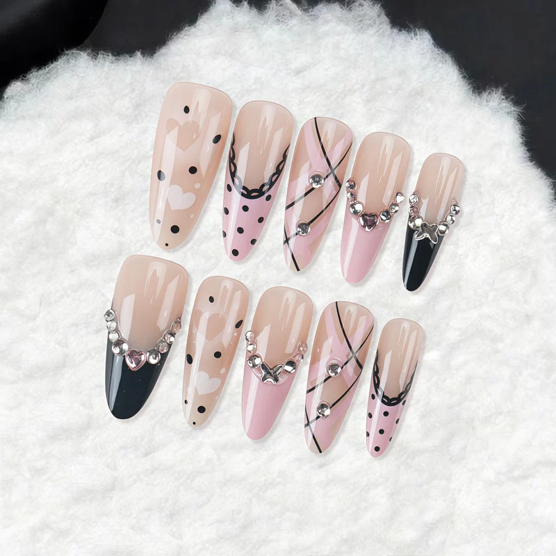 Artistic Press-On Nail Set with Elegant Patterns and Gems Stornfield