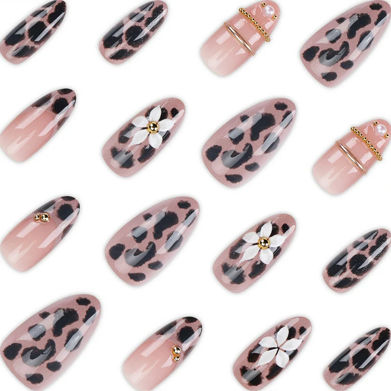 Artistic Press-On Nail Set with Elegant Leopard and Floral Designs Stornfield