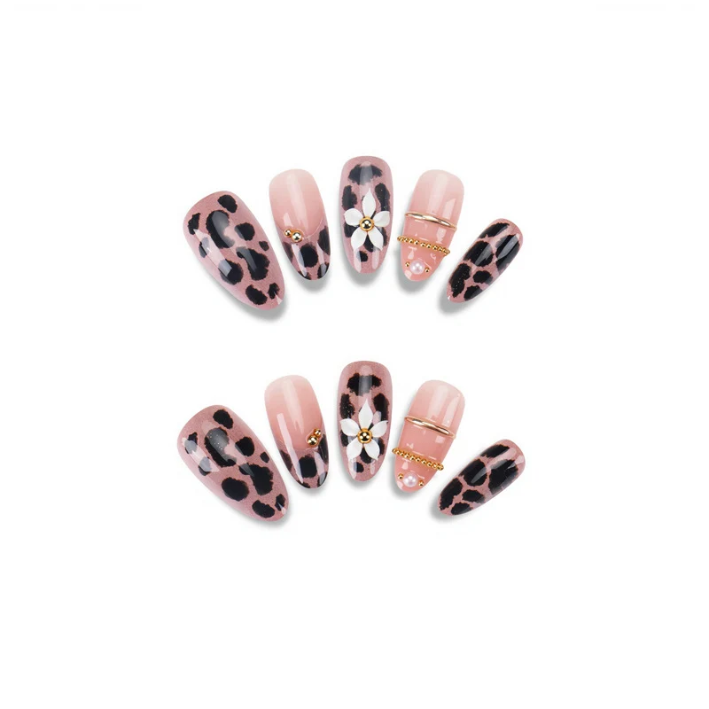 Artistic Press-On Nail Set with Elegant Leopard and Floral Designs Stornfield