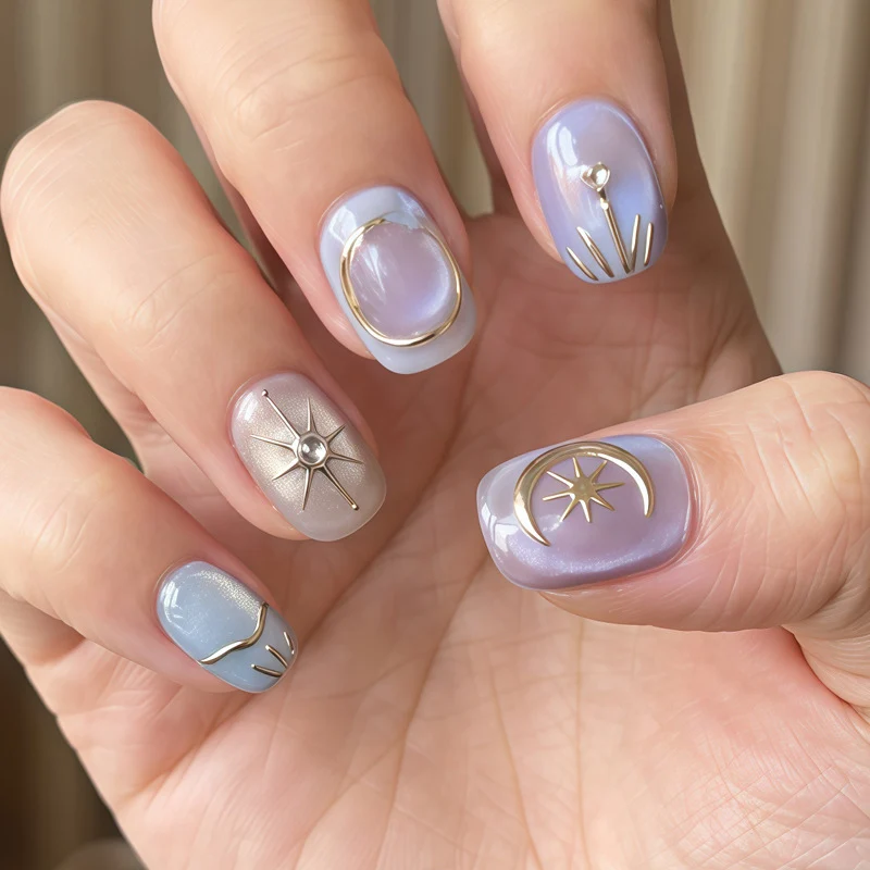 Artistic Press-On Nail Set with Decorative Celestial Designs Stornfield