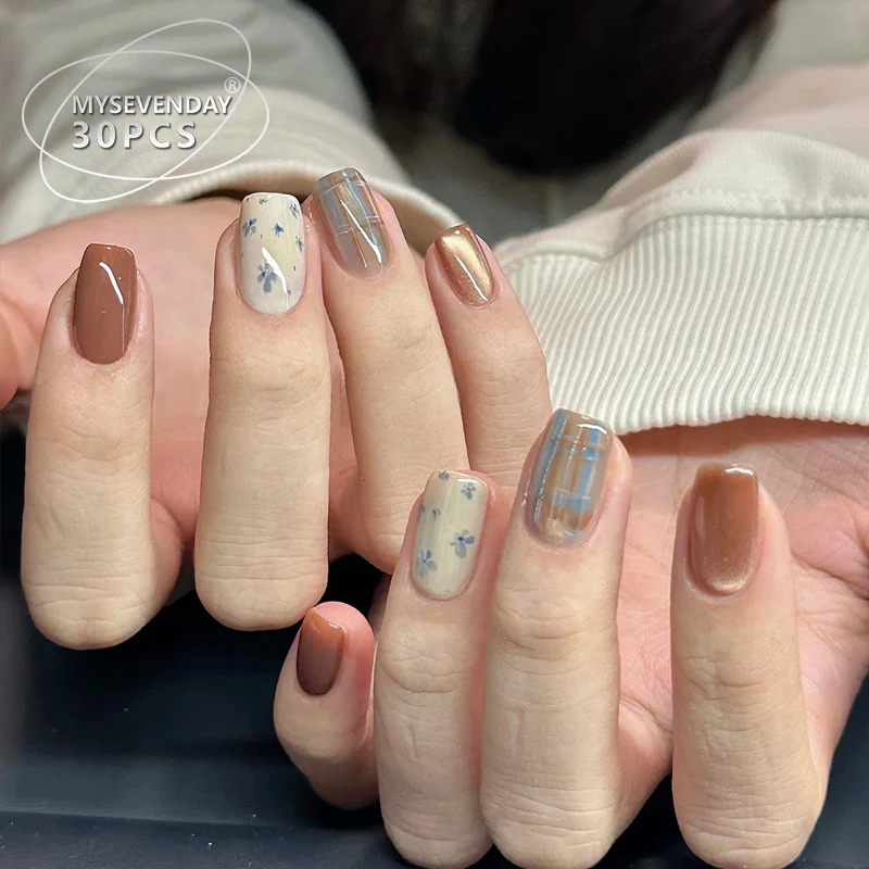 Artistic Press-On Nail Set with Botanical and Plaid Designs Stornfield