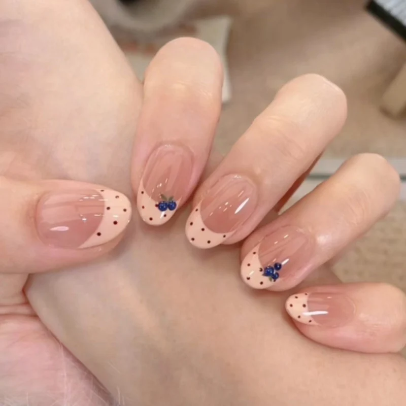 Artistic Press-On Nail Set with Berry and Polka Dot Design Stornfield