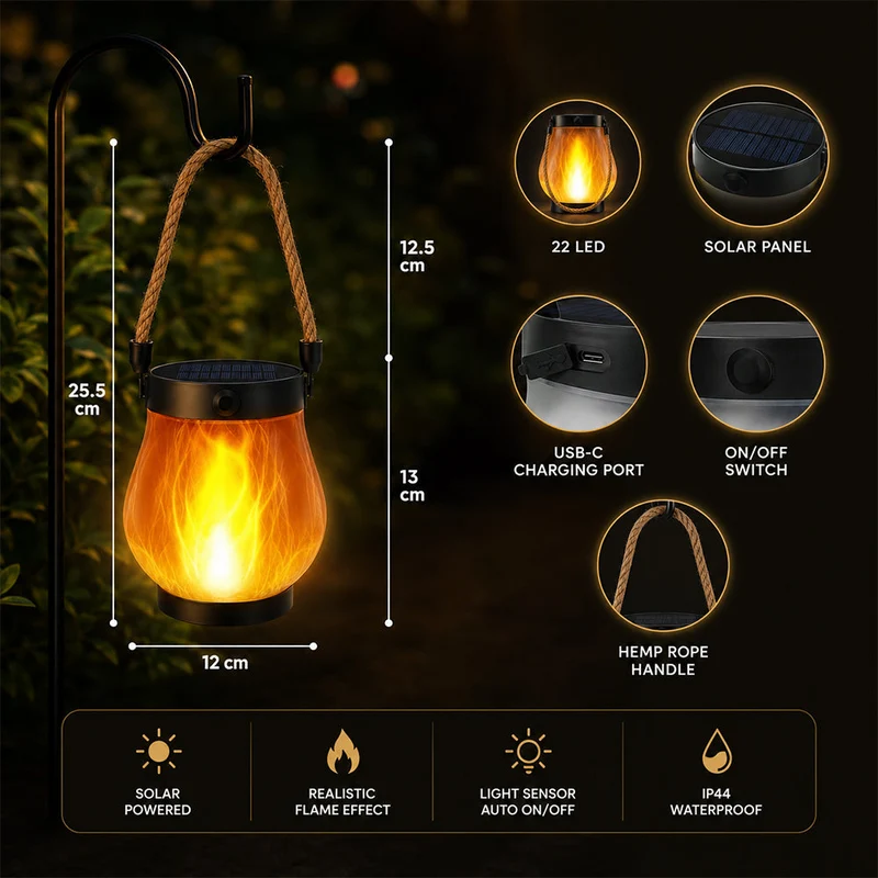 Solar Lantern Ø12 cm med Flamme Effekt Lys og Hamp Tau | Luvikno