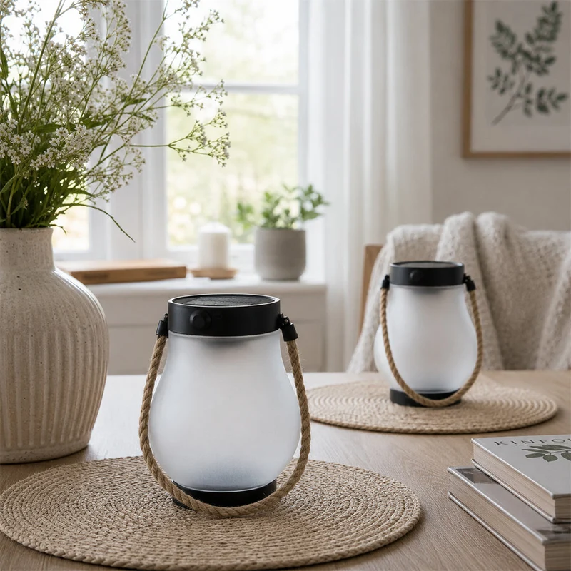 Solar Lantern Ø12 cm med Flamme Effekt Lys og Hamp Tau | Luvikno