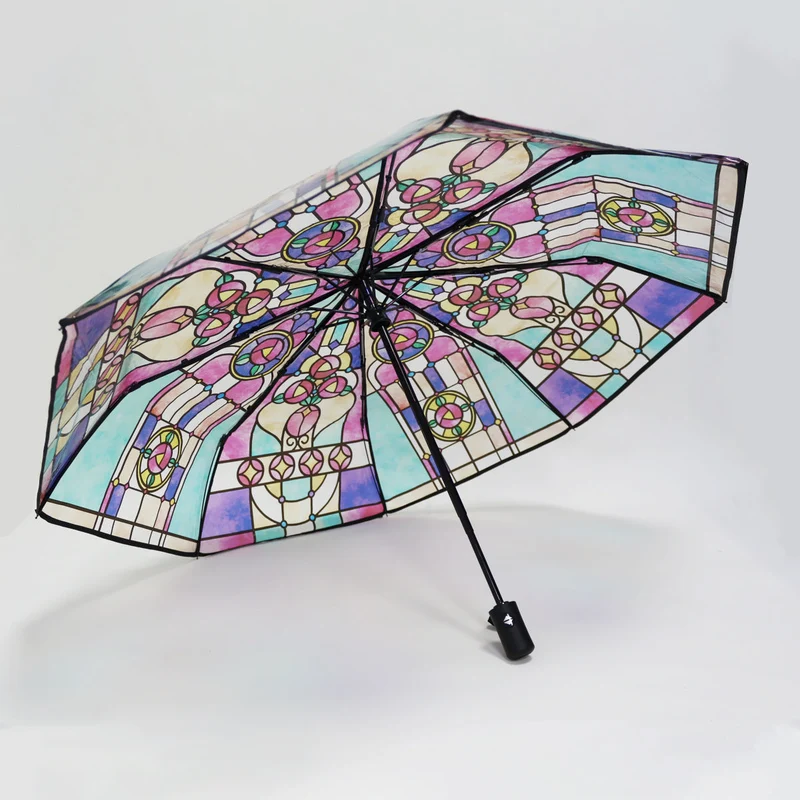 Damer Sammenleggbart paraply med kunstnerisk glassvindu-motiv Luvikno