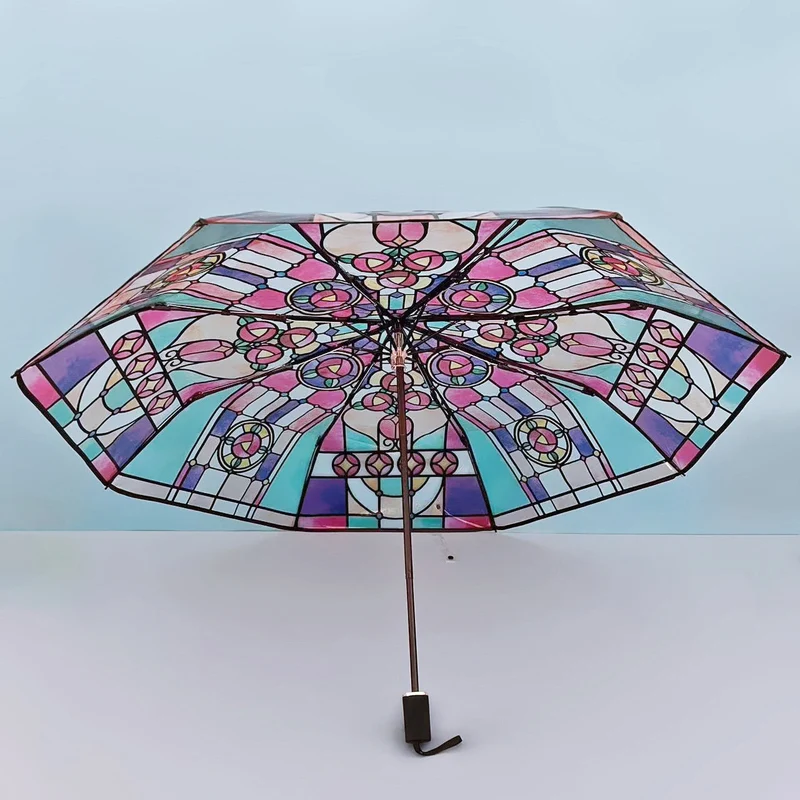 Damer Sammenleggbart paraply med kunstnerisk glassvindu-motiv Luvikno
