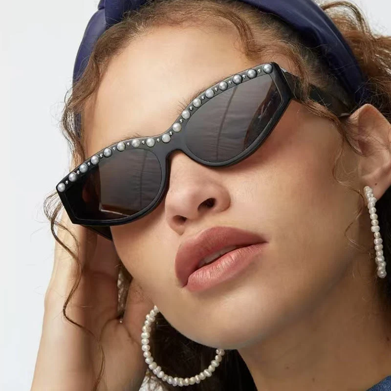 Dame Cat-Eye solbriller med glitrende rhinestones og dyremønster Luvikno