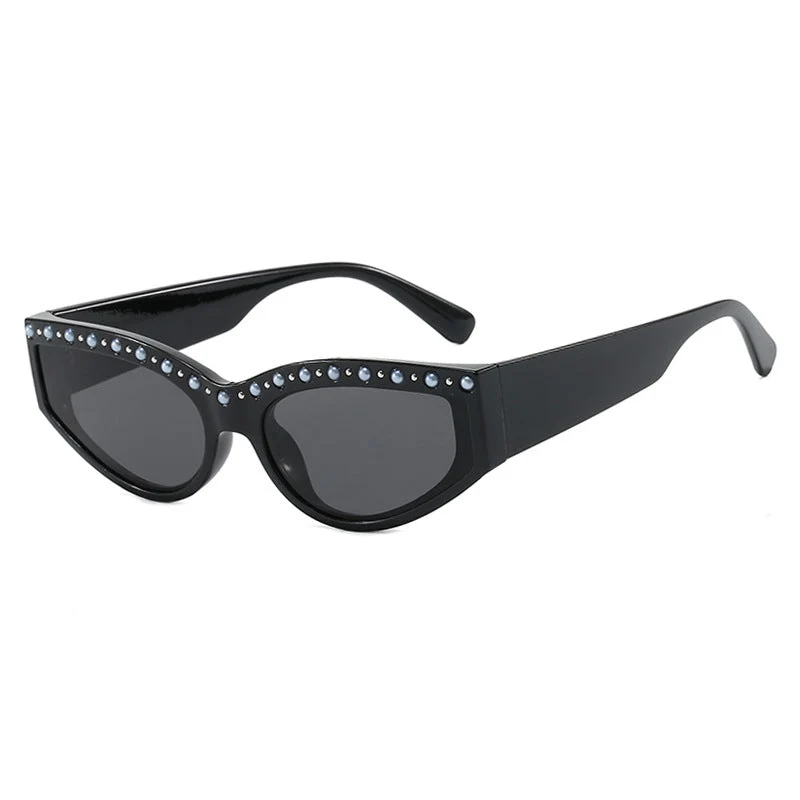 Dame Cat-Eye solbriller med glitrende rhinestones og dyremønster Luvikno