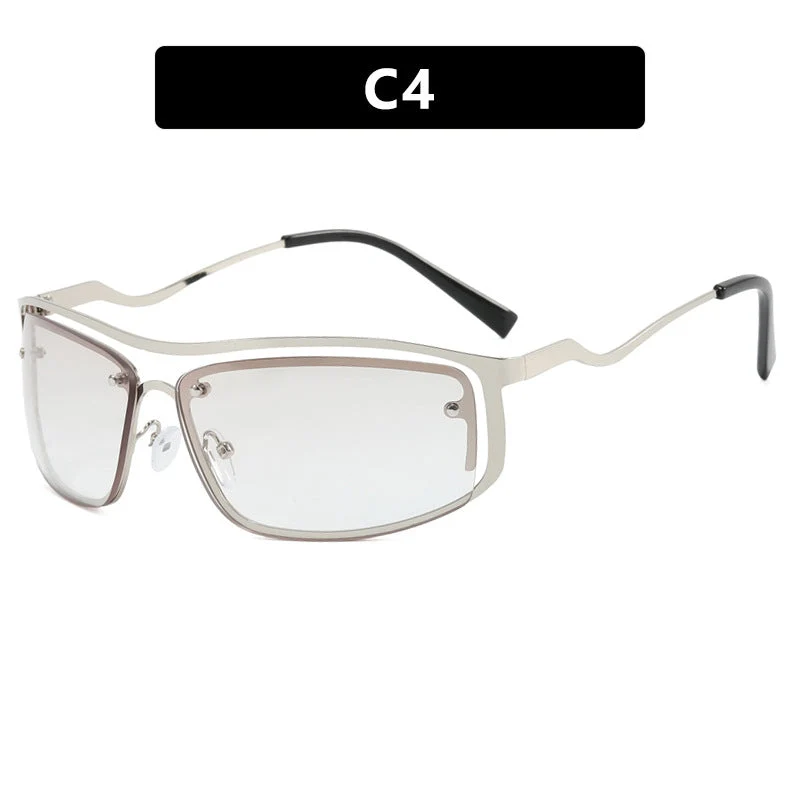 Damer futuristisk solbrille med elegant metallramme og høye transparente glass Luvikno
