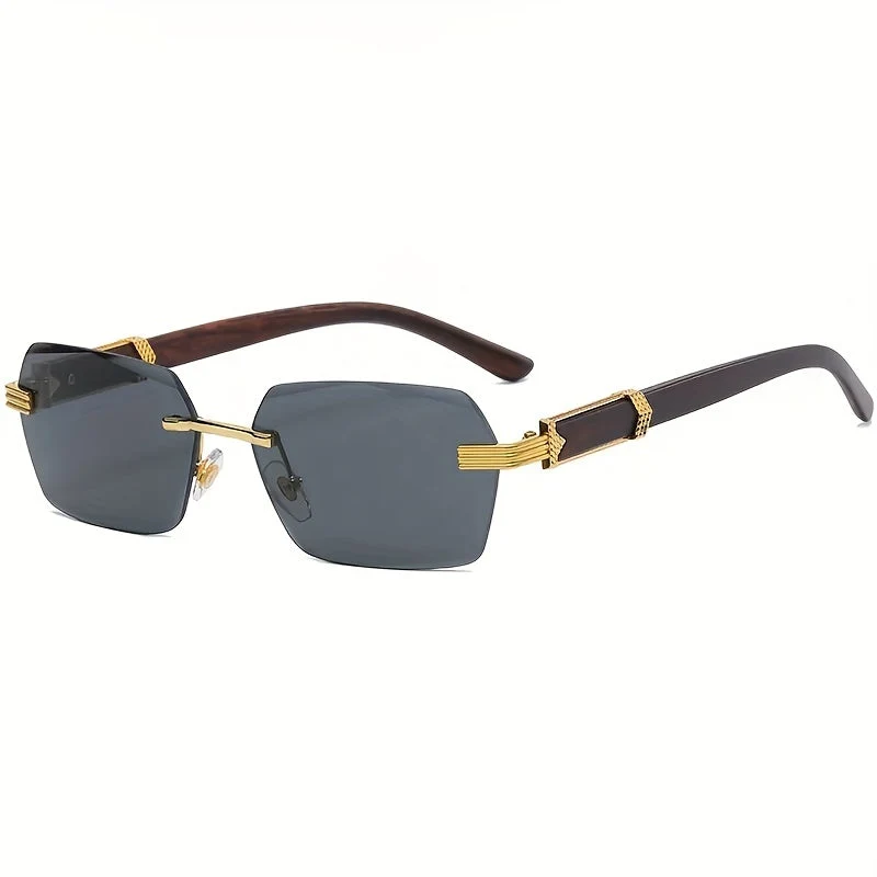 Rimless solbriller med rektangulære linser og faux tre templer – Verro | Luvikno