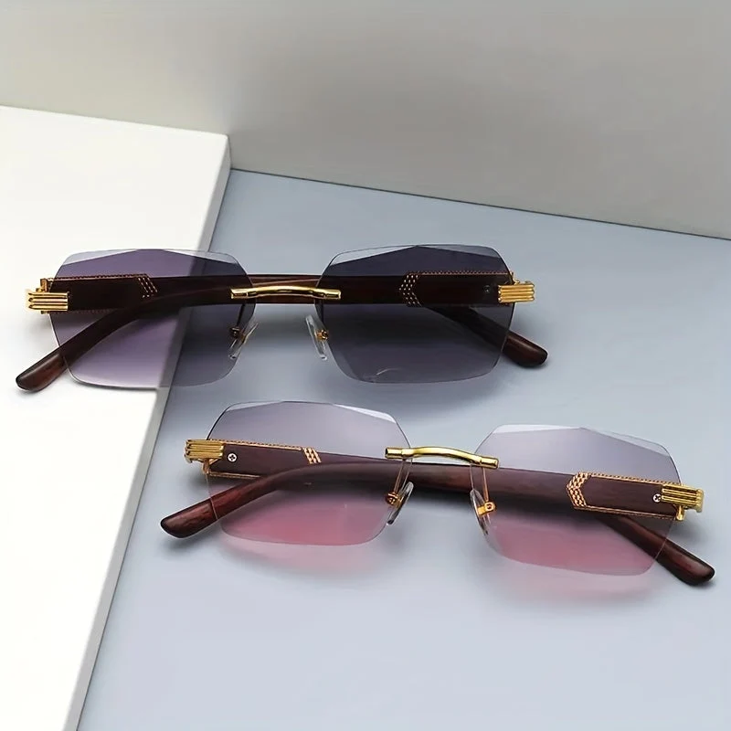 Rimless solbriller med rektangulære linser og faux tre templer – Verro | Luvikno