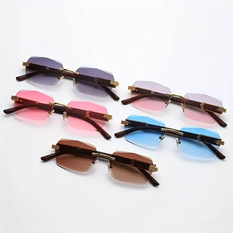 Rimless solbriller med rektangulære linser og faux tre templer – Verro | Luvikno