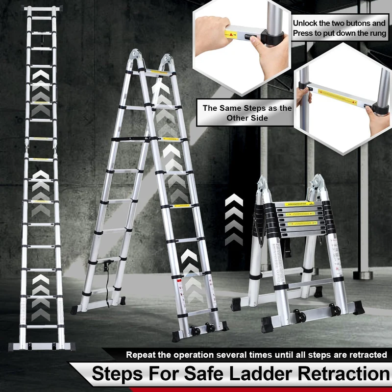 5M Aluminium Teleskopstiger Foldestiger med Hjul og Triangel Stabiliserer | Luvikno