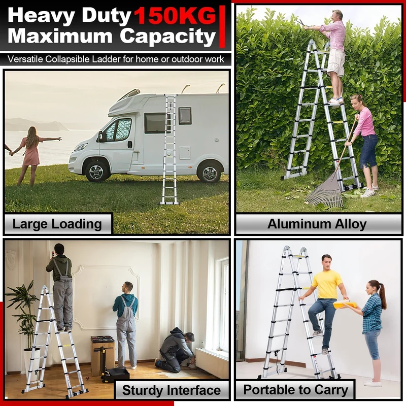 5M Aluminium Teleskopstiger Foldestiger med Hjul og Triangel Stabiliserer | Luvikno