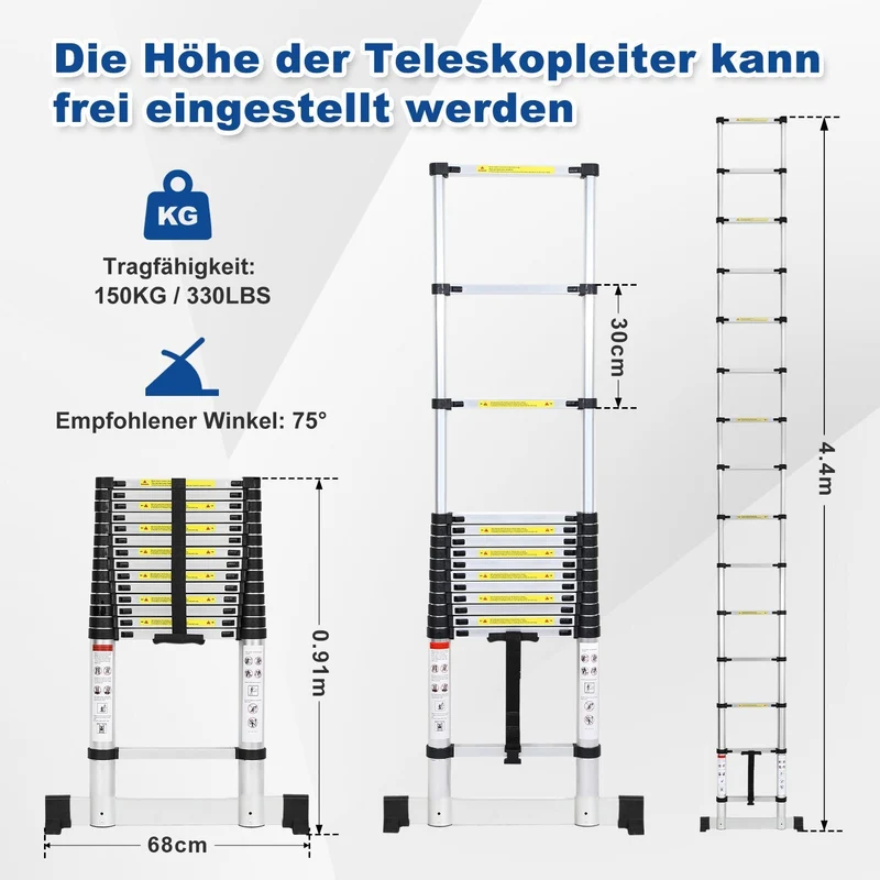 Teleskopisk stige Aluminium Belastning kapasitet opp til 150kg 2.6m-5m med stabilisator | Luvikno