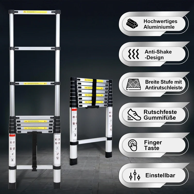 Teleskopisk stige Aluminium Belastningsevne opp til 150kg 2,6m-5m | Luvikno