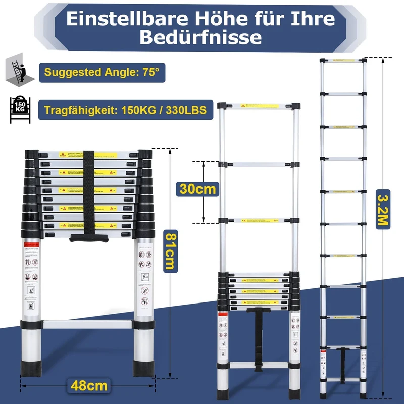 Teleskopisk stige Aluminium Belastningsevne opp til 150kg 2,6m-5m | Luvikno