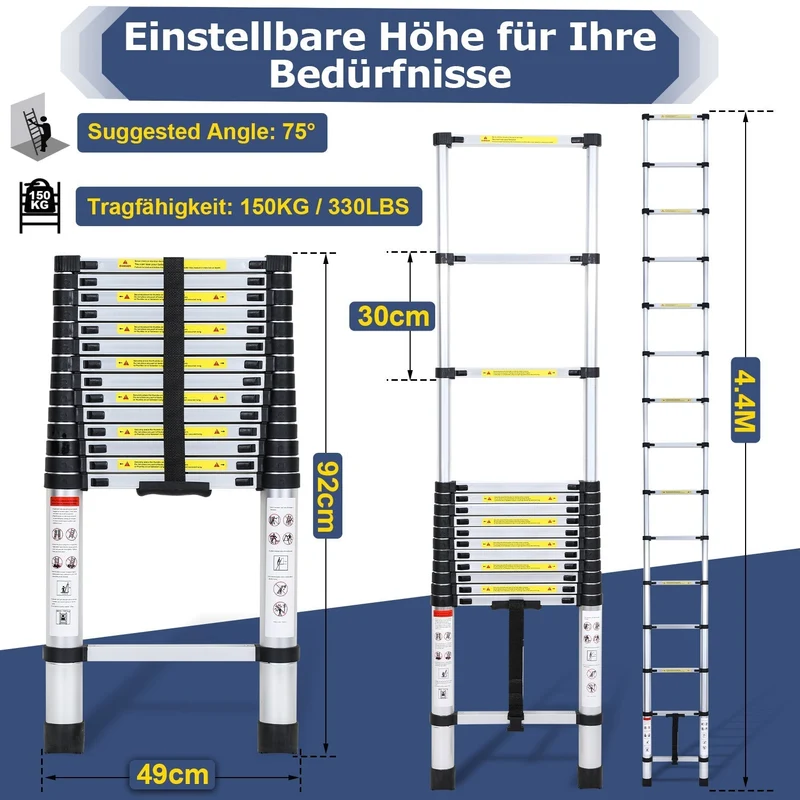 Teleskopisk stige Aluminium Belastningsevne opp til 150kg 2,6m-5m | Luvikno