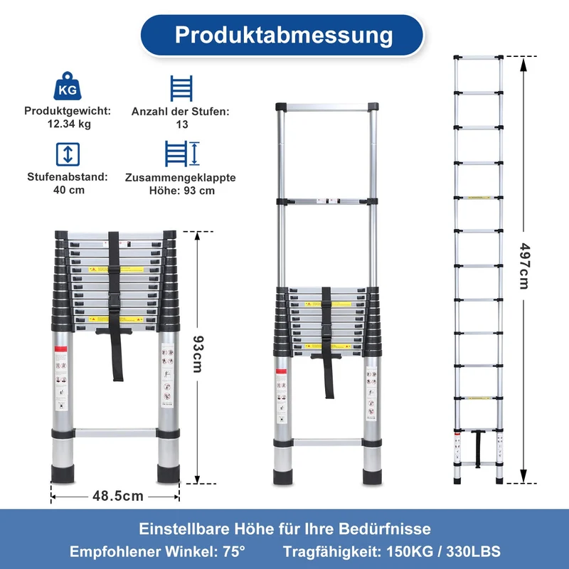 Teleskopisk stige Aluminium Belastningsevne opp til 150kg 2,6m-5m | Luvikno
