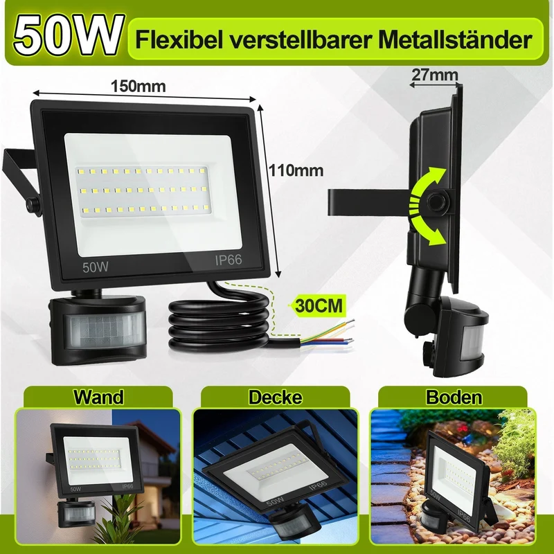 LED Flomlys med Bevegelsessensor Kald Hvit 10W-100W (uten kontakt) | Luvikno