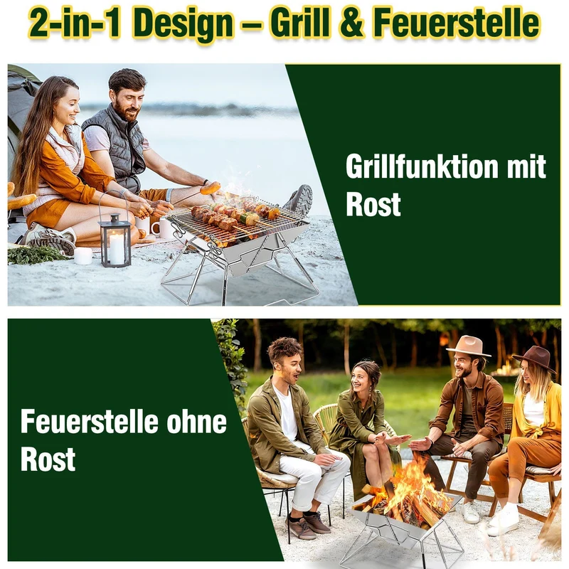 Foldbar Camping Grill i Rustfritt Stål med Høydejusterbar Grillstativ | Luvikno