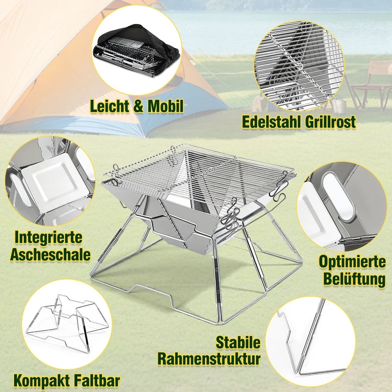 Foldbar Camping Grill i Rustfritt Stål med Høydejusterbar Grillstativ | Luvikno