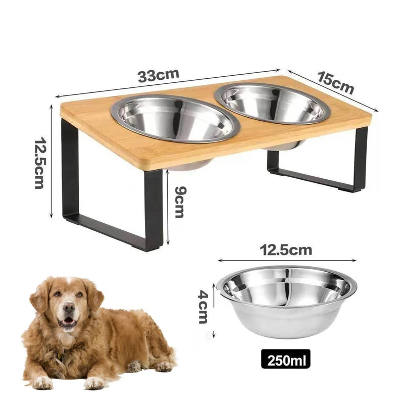Hevet Dog Food Bowl – Bambusstativ med avtakbare rustfrie stålskåler | Luvikno
