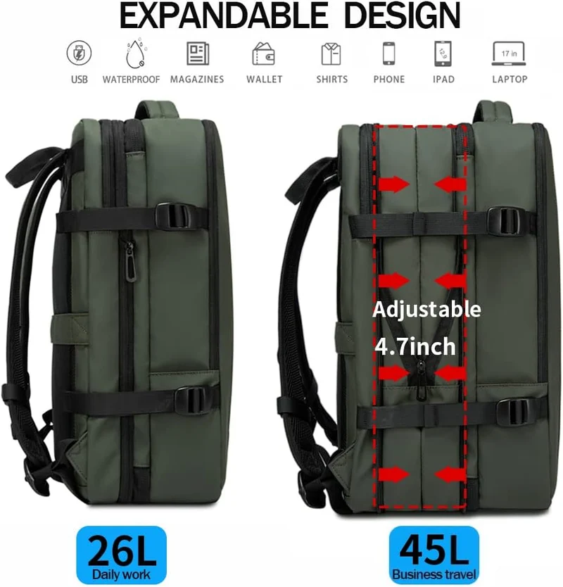 Utvidbar 26–45L Vanntett Reise Ryggsekk med Laptoplomme & Duffelbærer | Luvikno
