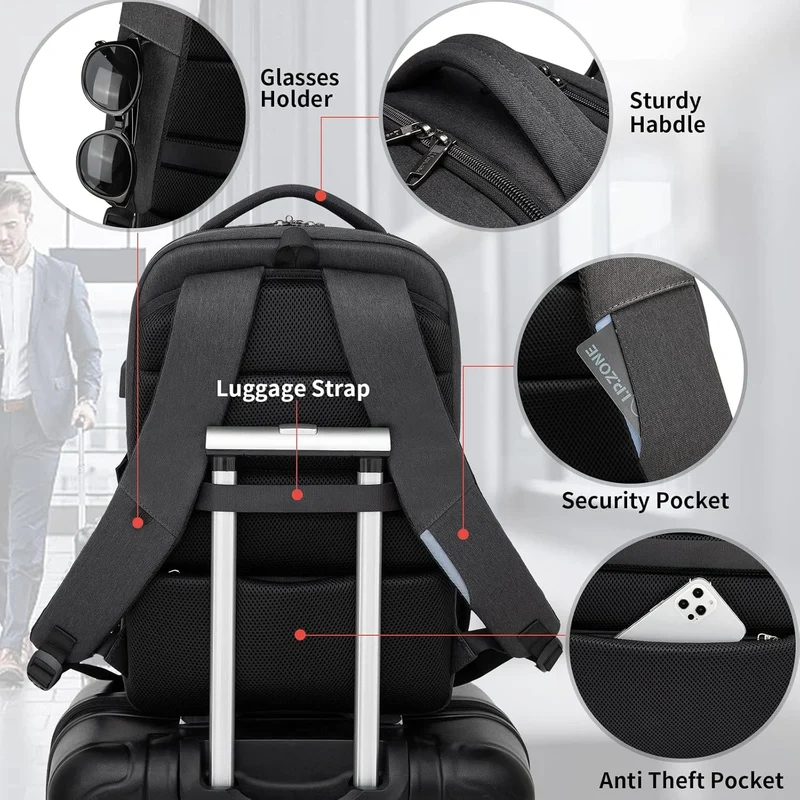 Vanntett reise laptop ryggsekk med USB-port og organisert lagring | Luvikno