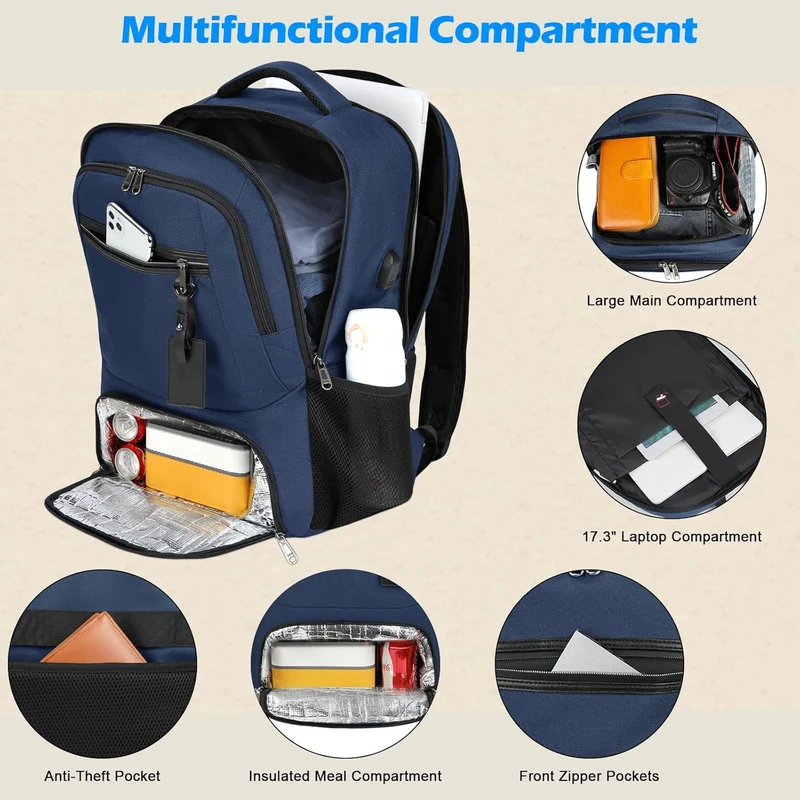 Vanntett Laptop & Lunsj Ryggsekk med USB-port – Multi-kompartments Reisebag | Luvikno