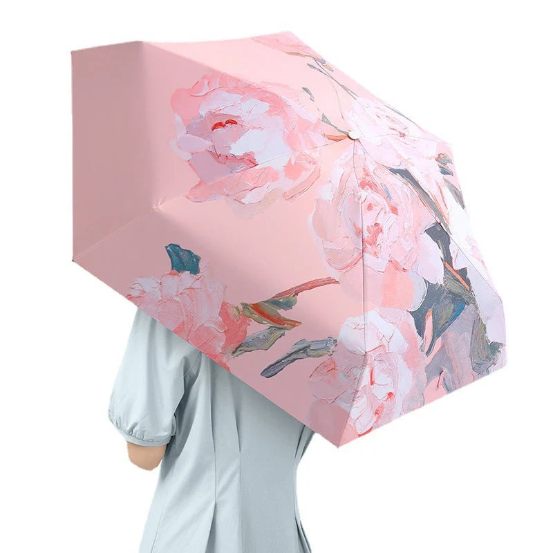 Dame elegant sammenleggbart paraply med blomsterdesign og integrert drikkebeholdere Luvikno