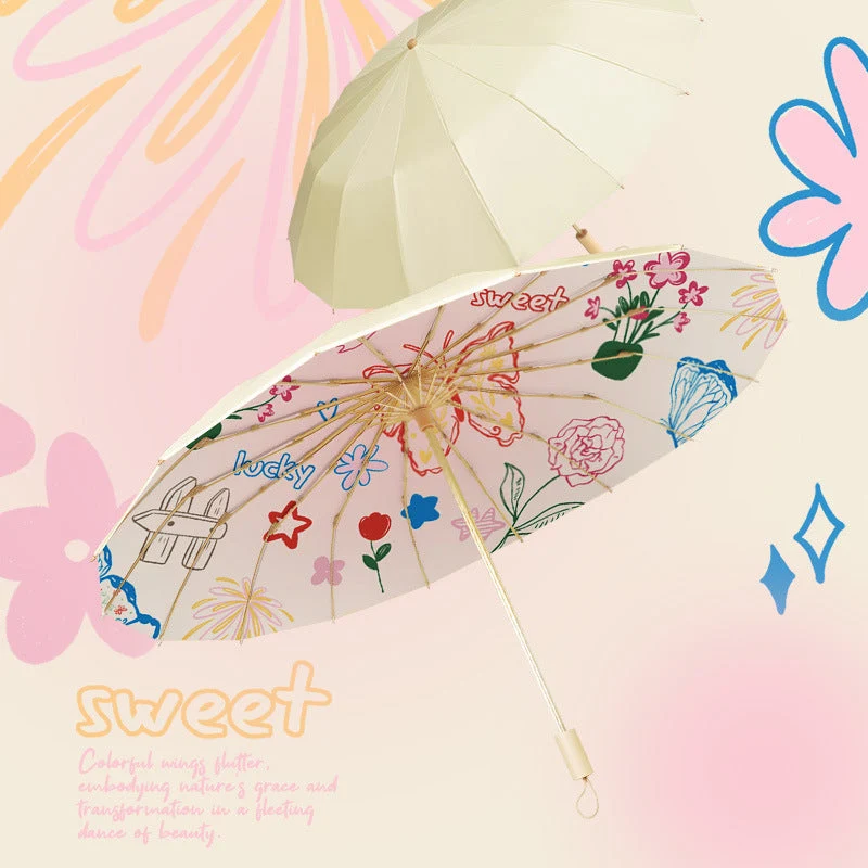 Dame elegant fold Regn paraply med florale aksenter og ergonomisk grep Luvikno