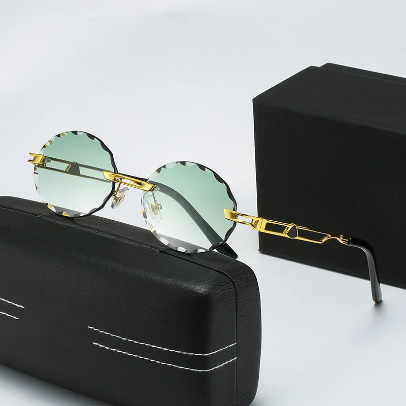 Dame rund solbrille med unikt bølgedesign og høykvalitets metallramme Luvikno