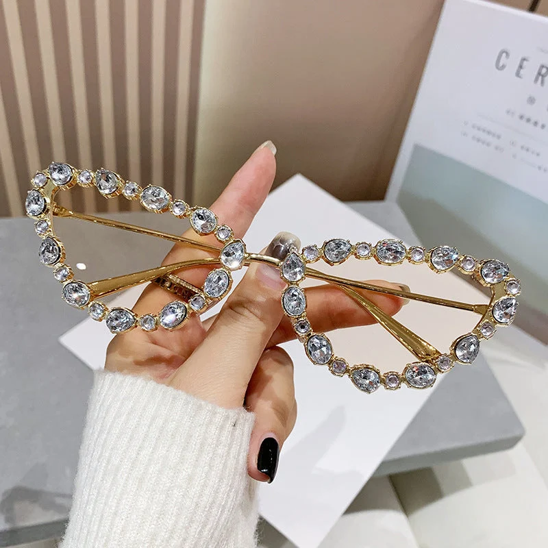 Dame Glamourøs Cat-Eye Solbrille med glitrende Strassdetaljer Luvikno