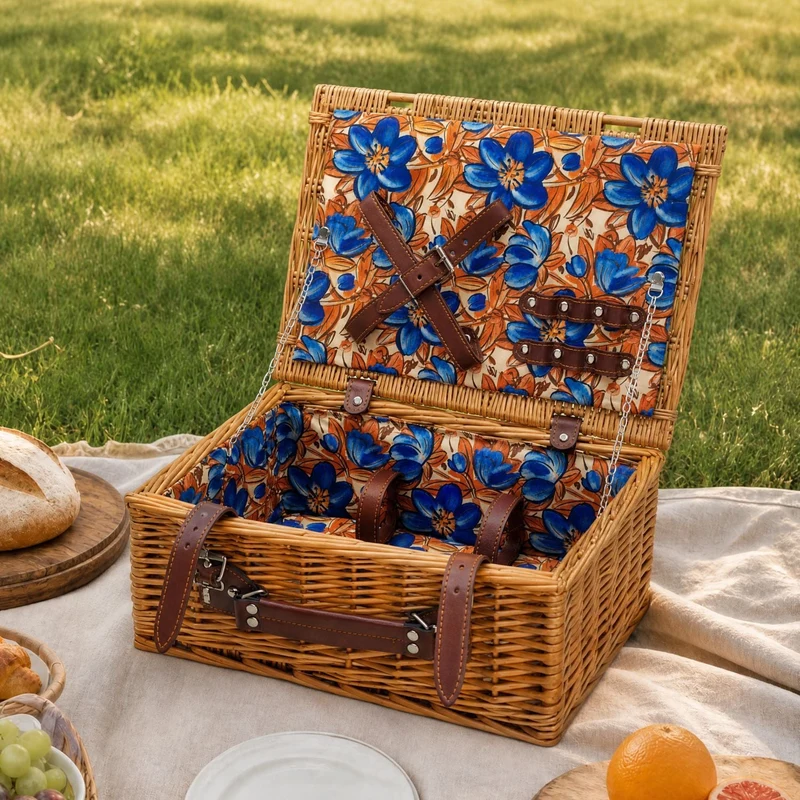 Dames luksus piknikkurv med offset tallerkenrom og blomstrede fôr Luvikno