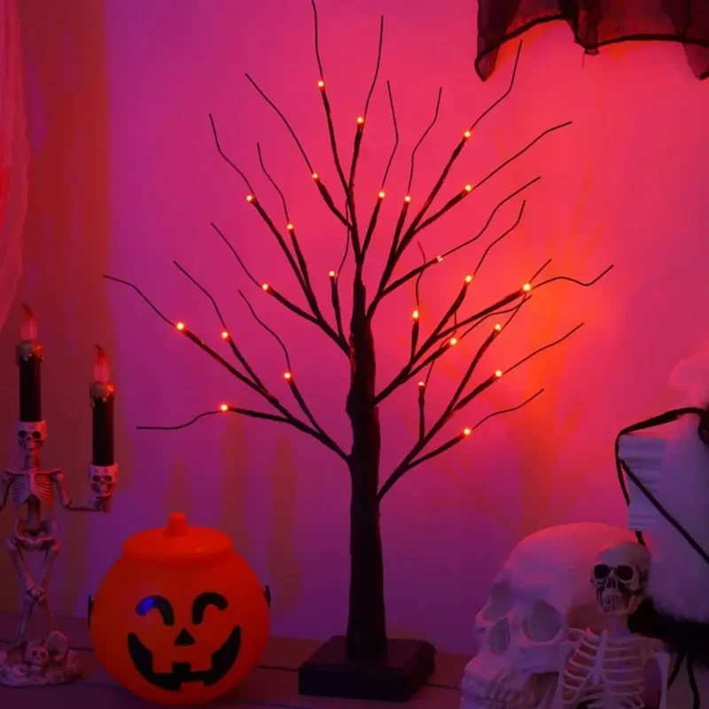 Halloween LED Birkenbaum Licht – 24 LEDs, Orange & Lila, Batteriebetrieben, Tischdeko