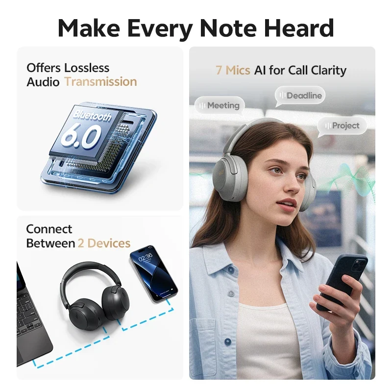 Over-Ear-Kopfhörer – 56dB, Hi-Res LDAC, Bluetooth 6.0 | 102h Akku, Dual Driver