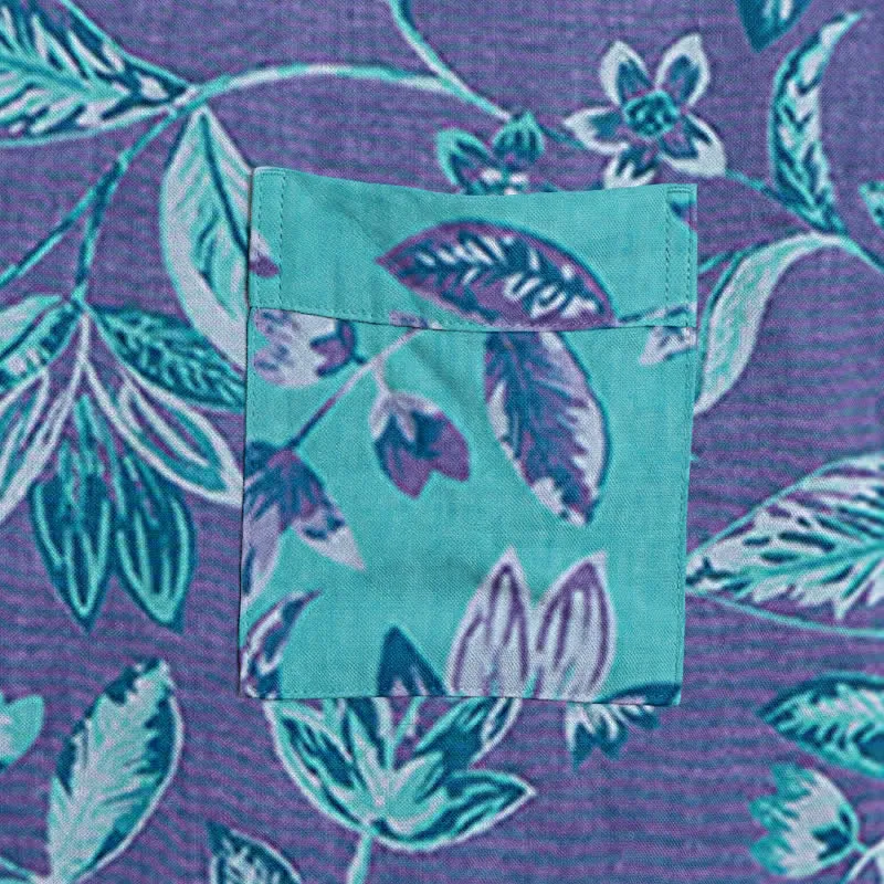 Kimono-Bademantel aus blauer und violetter Blattbaumwolle