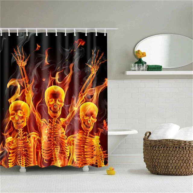 Duschvorhang Tanzende Skelette in Flammen