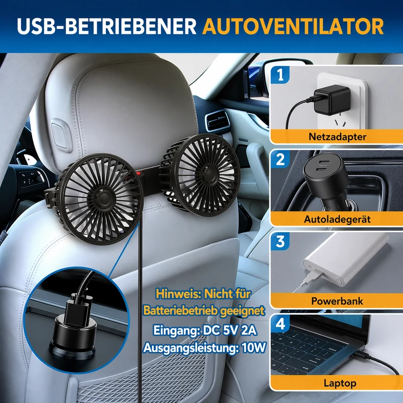 USB Vifte for Bil med 2 Hoder | Luvikno