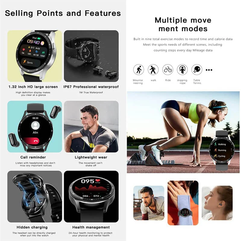 2-i-1 Smartklokke med Bluetooth-hodetelefoner | Luvikno