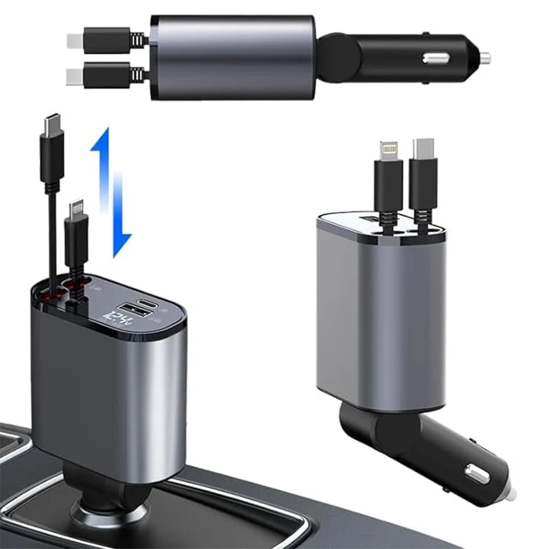 4-i-1 Bil Charger med Uttrekkbar Kabel | Luvikno
